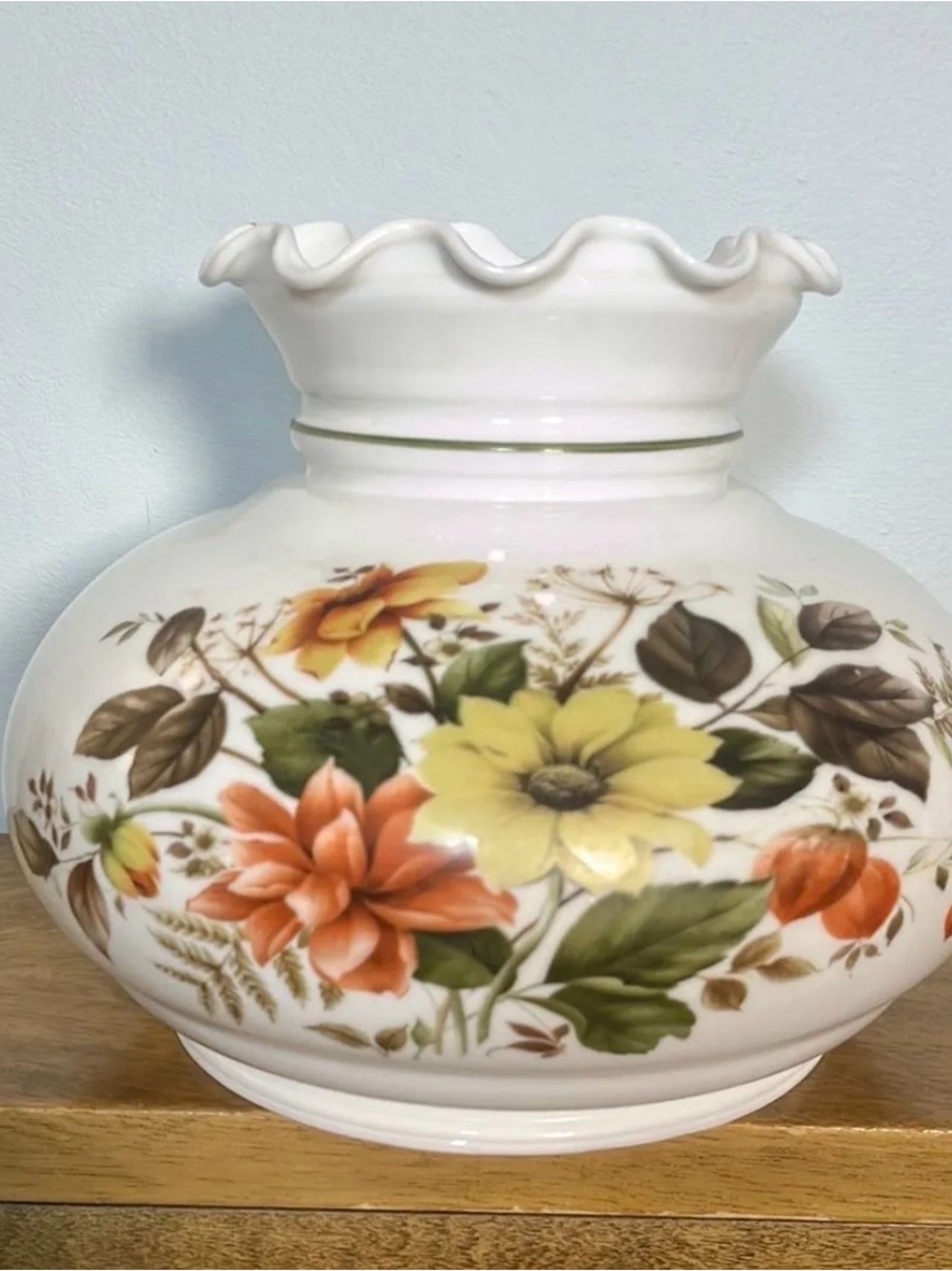 Vintage-Style Floral Glass Oil Lamp Shade - White with Yellow & Orange Flowers